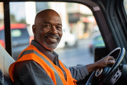 Bus driver black man on driving seat smiling © blvdone