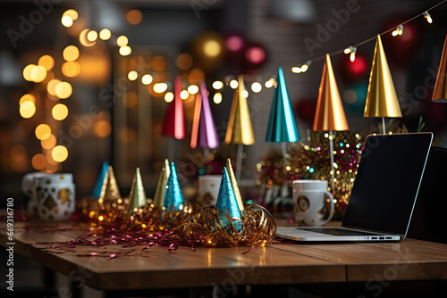 some party hats on a table with a laptop and coffee mug in the foreground is lit by christmas lights photo