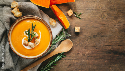Pumpkin and carrot Cream soup on rustic wooden table. Autumn Pumpkin cream-soup with rosemary herb and croutons. Top view. Copy space. photo