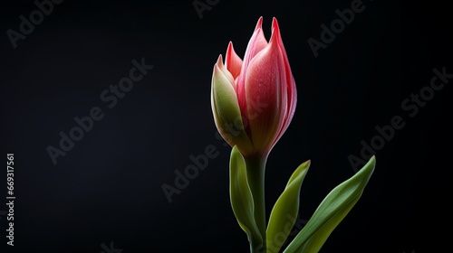 A single pink flower with green leaves on a black background