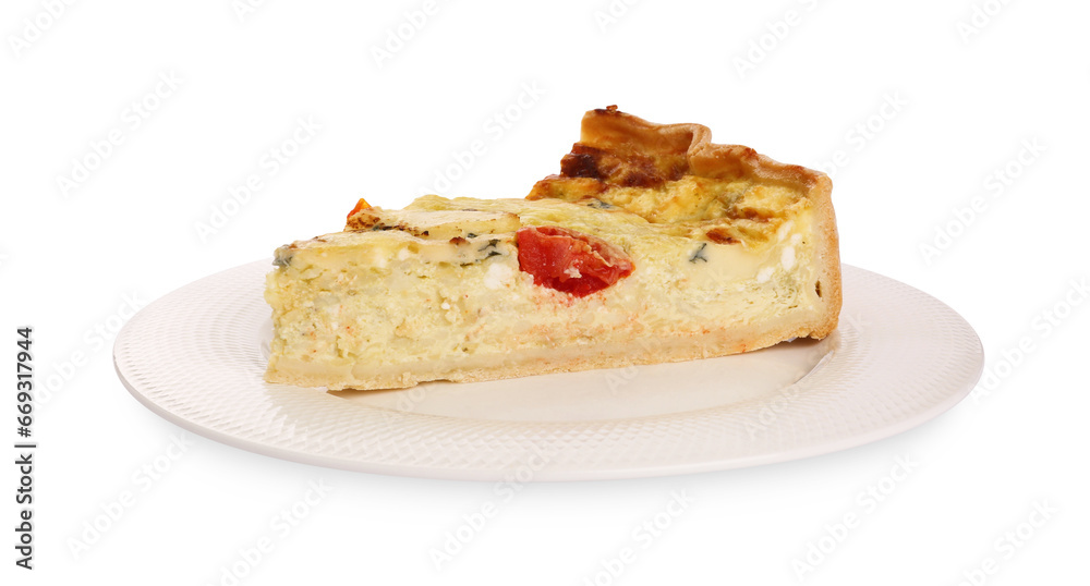 Piece of delicious homemade cheese quiche isolated on white Piece of delicious homemade cheese quiche isolated on white