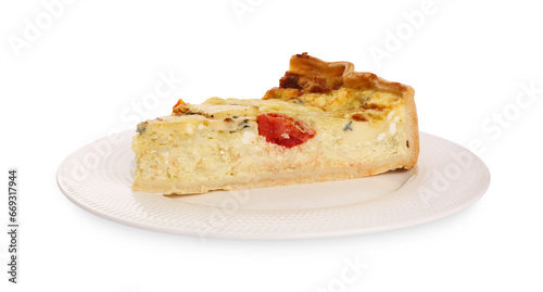 Piece of delicious homemade cheese quiche isolated on white