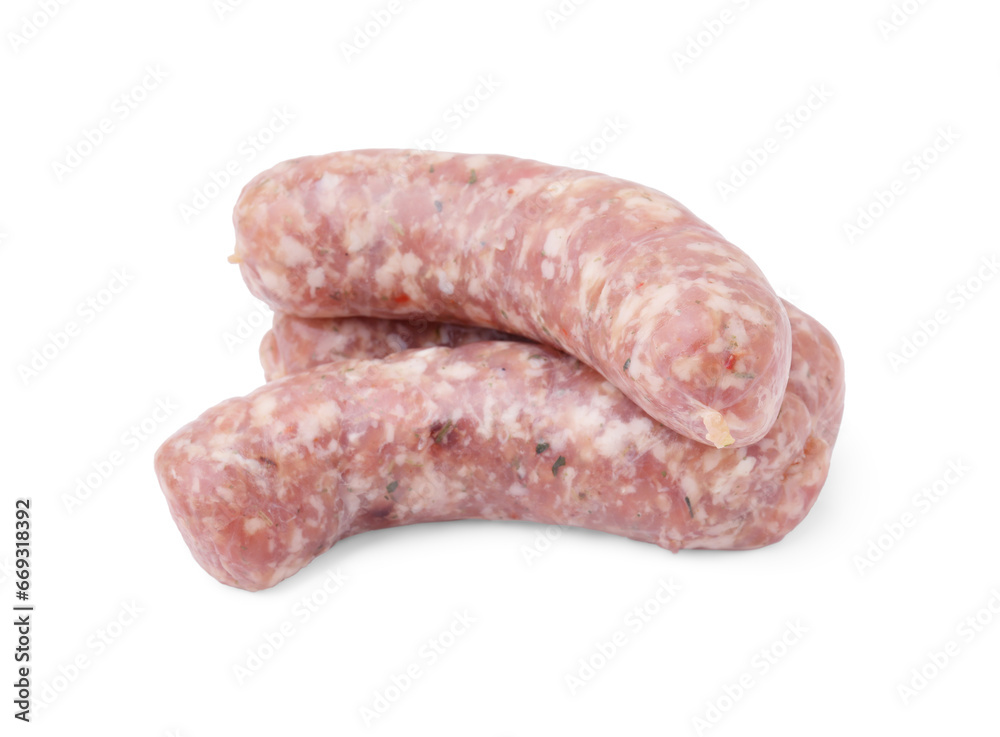 Fresh raw homemade sausages isolated on white
