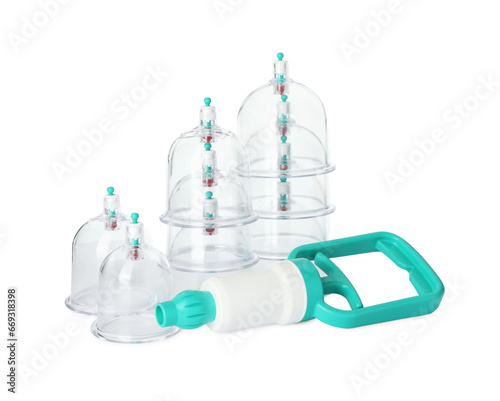 Plastic cups and hand pump isolated on white. Cupping therapy