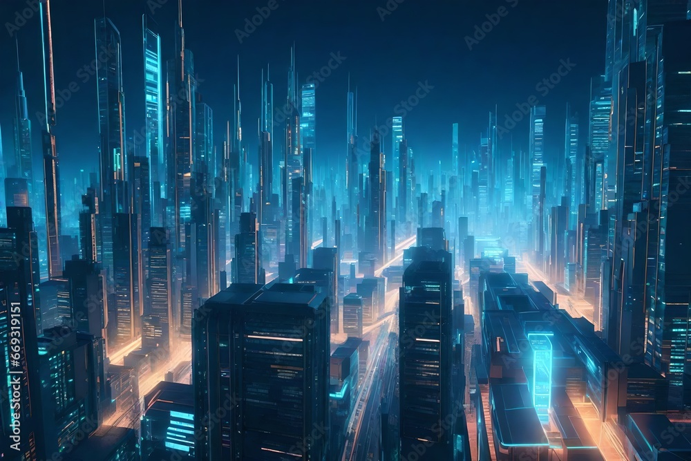 Cyber punk night city landscape concept. Light glowing on dark scene.