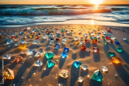 Colorful diamonds on the beach. Each diamond caught the glimmer of the sun, glistening in the sand. The sparkles of the diamonds lit up the shoreline, creating a mesmerizing landsca photo