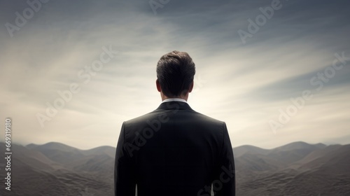 A man in a suit looking out over a mountain range