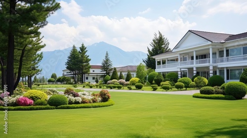 Medical clinic on the background of a mountain landscape