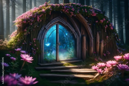 Fantasy fairy tale forest with magical shining window of enchanted elf or gnome house in hollow of pine tree, blooming fabulous pink flowers garden, flying Common blue butterflies on magic sunny glade photo