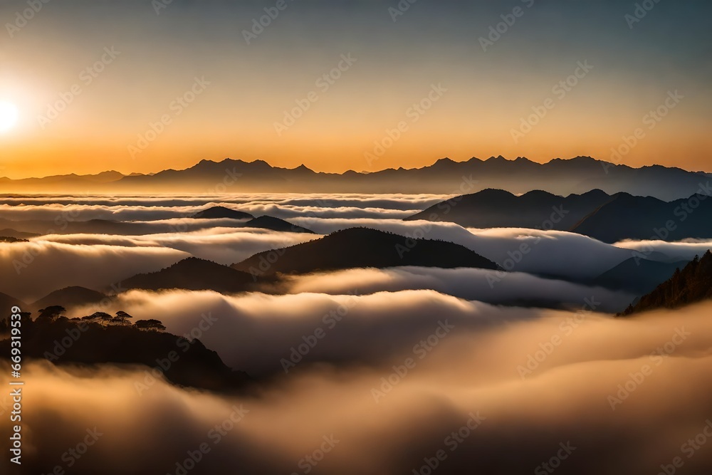 Fascinating sea of clouds and mounta in scenery at sunset Clear golden sky,scenic dreamy view,Close up.
