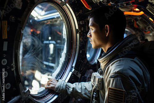 a man in a space suit looking at the inside of an astronaut's capsule, with his hand on the door