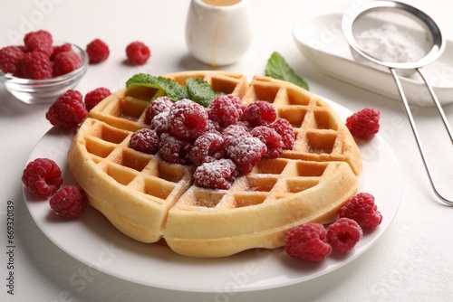 Tasty Belgian waffle with fresh raspberries, powdered sugar and mint on white table, closeup