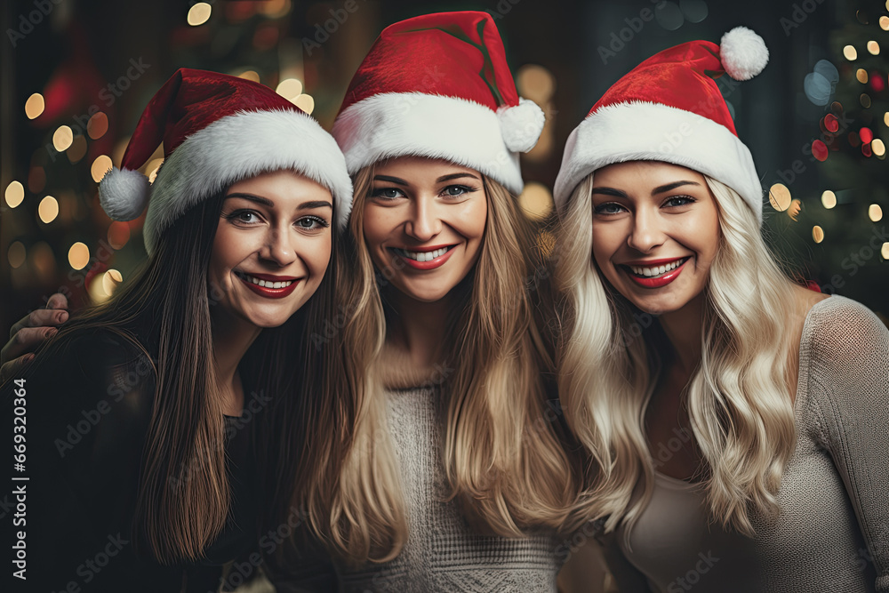 tres mujeres con sombrero de papá noel con fondo desenfocado de decoración navideña tres mujeres con sombrero de papá noel con fondo desenfocado de decoración navideña