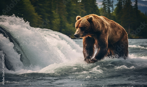 Brown Bear stands on edge of a rushing waterfall, generative ai © Hammad