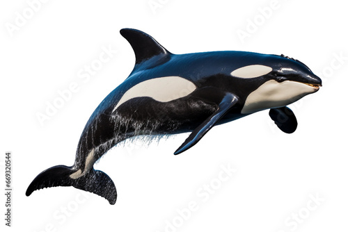 killer whale orcinus orca isolated on a transparent background, killer whale jumping out of the water over the blue sea surface close up. Generative AI
