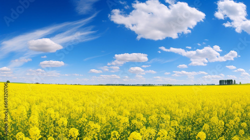 field of yellow flowers Against the background of a blurred blue sky with clouds, generative ai