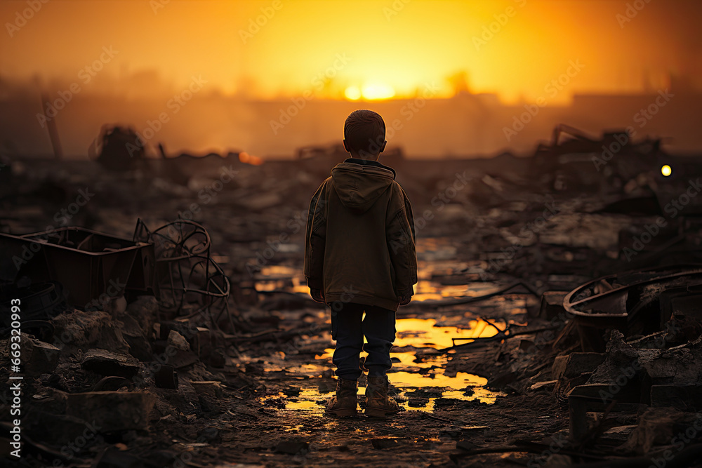 a person standing in the middle of a pile of junks, looking out to the sun setting behind them