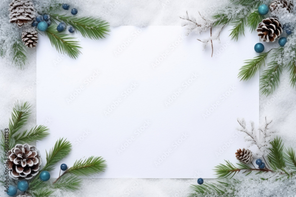 winter christmas card with pine cones, green foliage mockup template. white blank sheet of paper background surrounded by pine cones. Winter holiday theme. Happy New Year. Space for text.