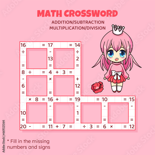 Math Crossword puzzle for kids. Addition, subtraction, multiplication and division