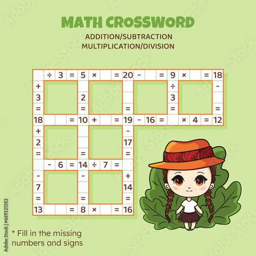 Math Crossword puzzle for kids. Addition, subtraction, multiplication and division