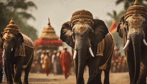 Majestic Procession of Elegantly Decorated Elephants