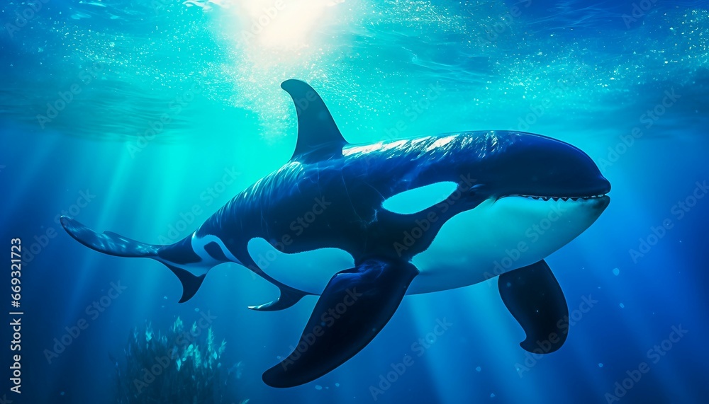 Fototapeta premium killer whale orcinus orca underwater close up looking for prey exposed to sunlight. Generative AI 