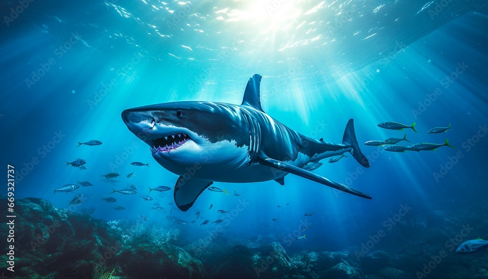 Fototapeta premium killer whale orcinus orca underwater close up looking for prey exposed to sunlight. Generative AI 