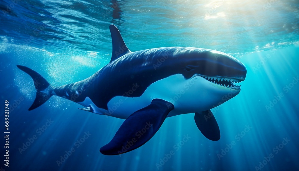 Obraz premium killer whale orcinus orca underwater close up looking for prey exposed to sunlight. Generative AI 