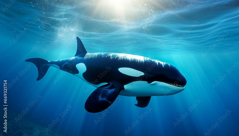 Fototapeta premium killer whale orcinus orca underwater close up looking for prey exposed to sunlight. Generative AI 