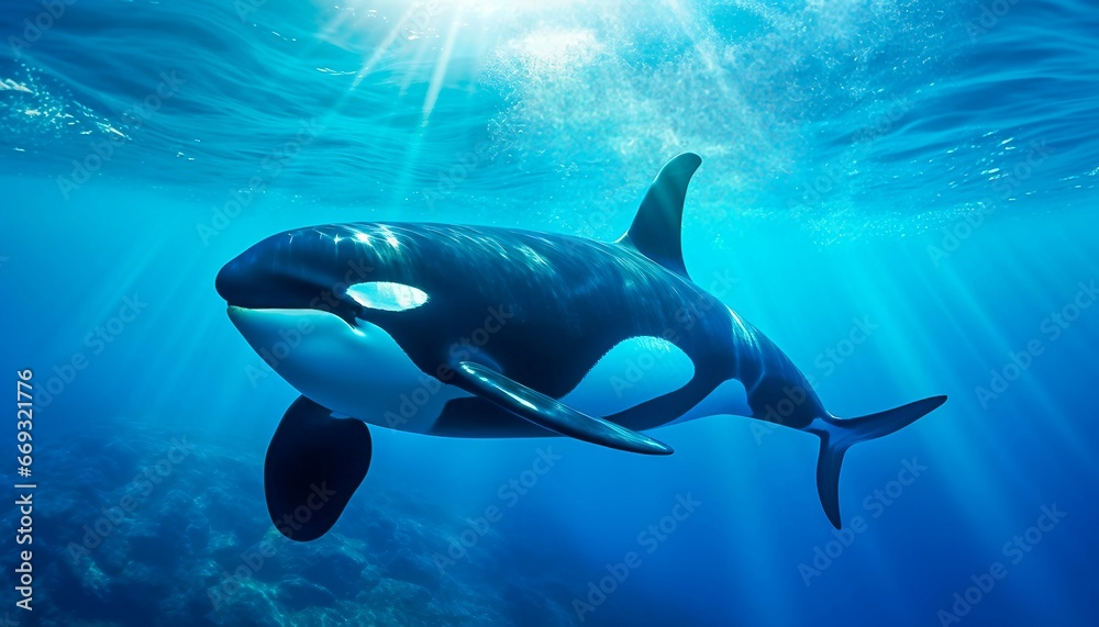 killer whale orcinus orca underwater close up looking for prey exposed to sunlight. Generative AI  - obrazy, fototapety, plakaty 