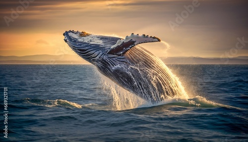 humpback whale jumping out of the water at sunset, The whale is spraying water and ready to fall on its back. Generative AI