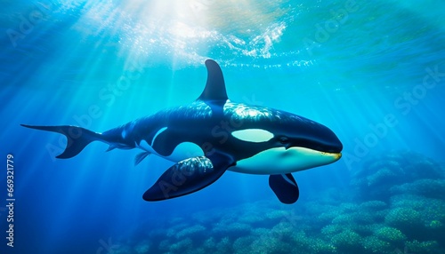 killer whale orcinus orca underwater close up looking for prey exposed to sunlight. Generative AI 