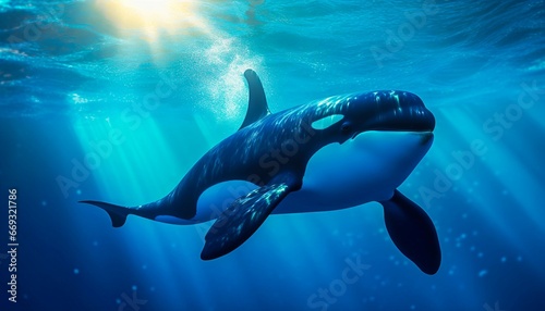 killer whale orcinus orca underwater close up looking for prey exposed to sunlight. Generative AI  © Breyenaiimages