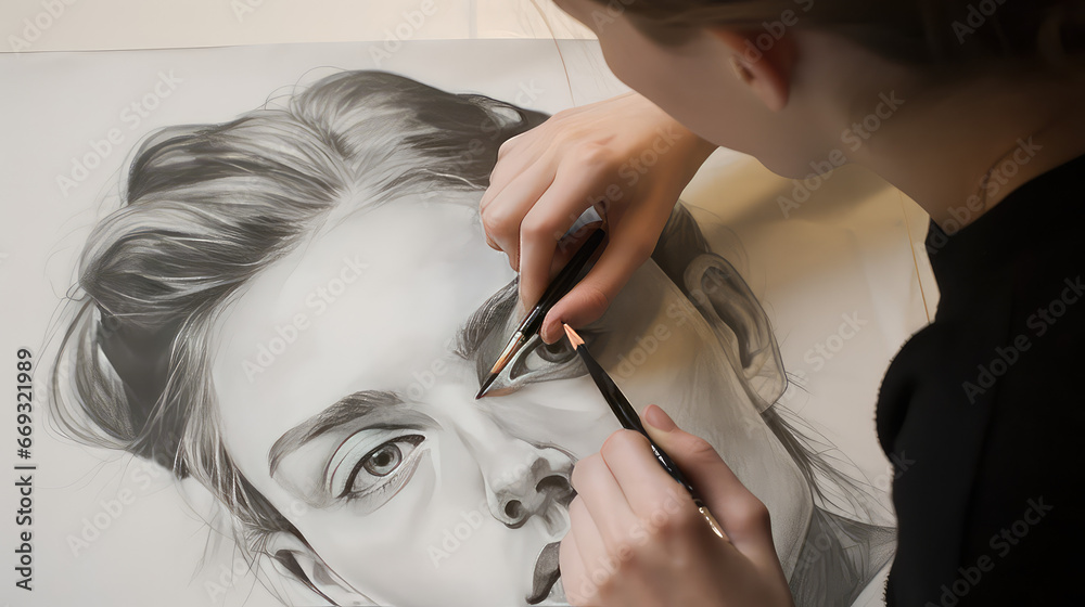 Female artist paints a portrait of a beautiful young woman on white paper. Drawing lessons for adults. Graphic drawing skills. Female artist paints a portrait of a beautiful young woman on white paper. Drawing lessons for adults. Graphic drawing skills.