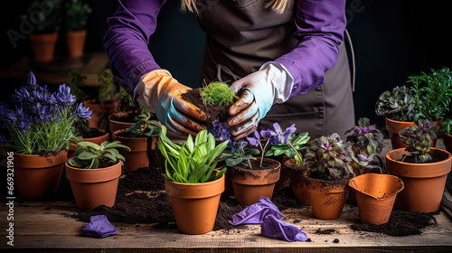 Female hands planting a potted plant. Florist, home garden care, potted indoor plants. 