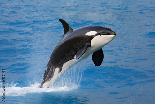 killer whale jumping out of the water over the blue sea surface close up. Generative AI