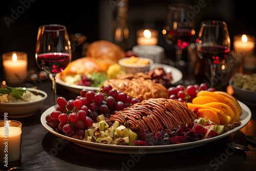 a thanksgiving dinner with turkey  grapes  apples  and oranges on a table in front of wine glasses