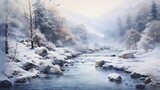 A painting of a stream in a snowy forest