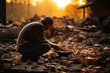 a man kneeling down on the ground in front of a pile of rubbles and debris, looking at his cell phone