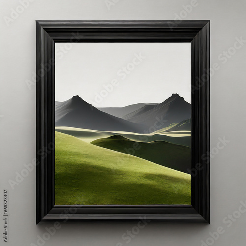 Large landscape picture with thin black frame over white background. Template for your content. 3D illustration.