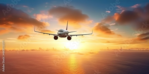 airplane flying in sunset light. Concept of fast travel, holidays and business. ai generative