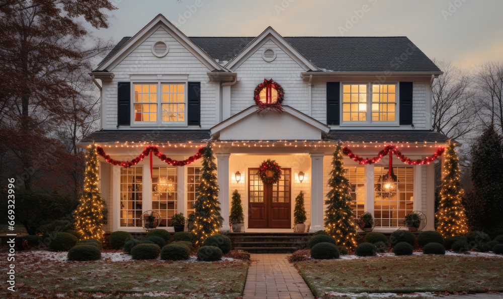 A house covered with christmas lights and festive decorations for the holiday season