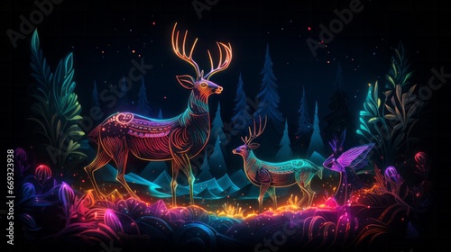 A painting of two deer in a forest at night