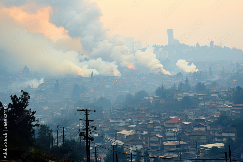 smoke coming out from the chimneys on a cityscapearl area with houses in the background and trees