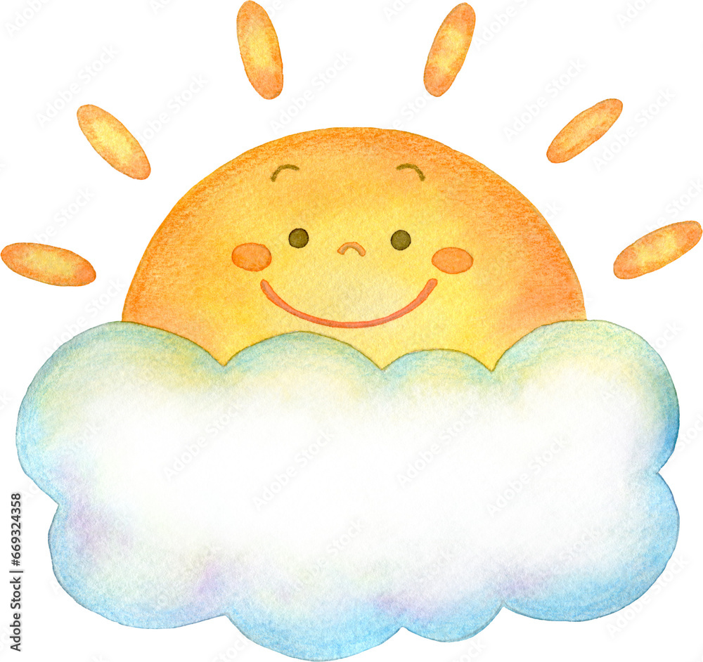 雲から半分のぞく太陽のキャラクターのイラスト Stock Illustration | Adobe Stock