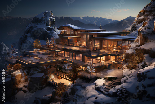 luxury mountain hotel or ski resort in winter