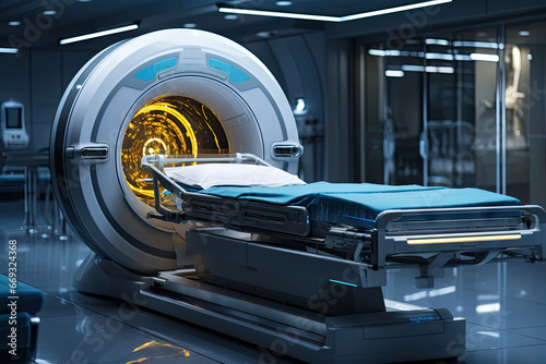 a hospital room with a bed in the middle and an mri machine on the other side that has been used © Golib Tolibov