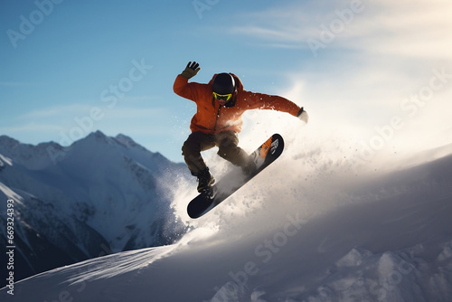 Snowboarder jumping on the mountain. Winter sport snowboarding. Doing a trick in the air. Beautiful winter landscape on the mountains.