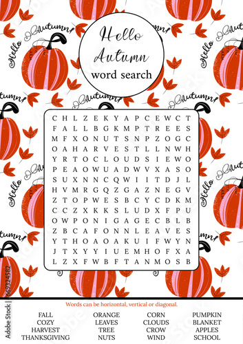 Hello Autumn word search puzzle for children or adults. Crossword activity printable game for learning English words. Suitable for social media post. Educational worksheet. Learning seasons.