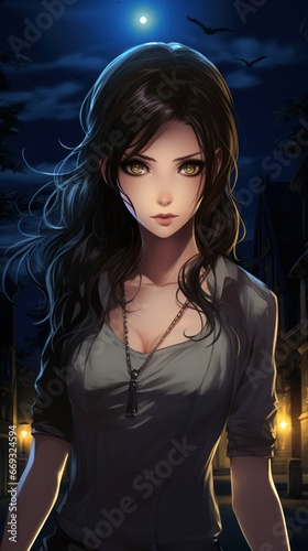 Brunette anime girl at night art photo